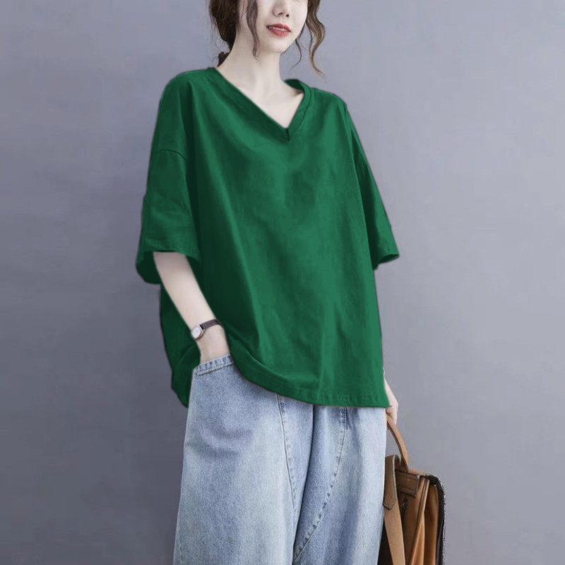 美式慵懶風設計感小眾純棉V領短袖t恤-Cicimode