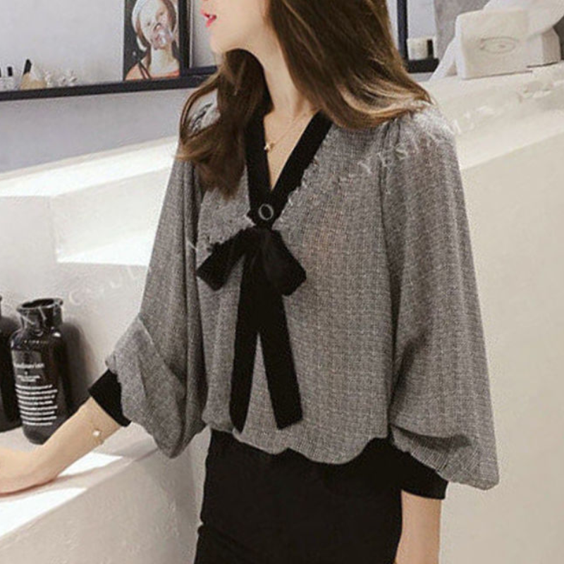 洋氣文藝甜美蝴蝶結V領雪紡襯衫