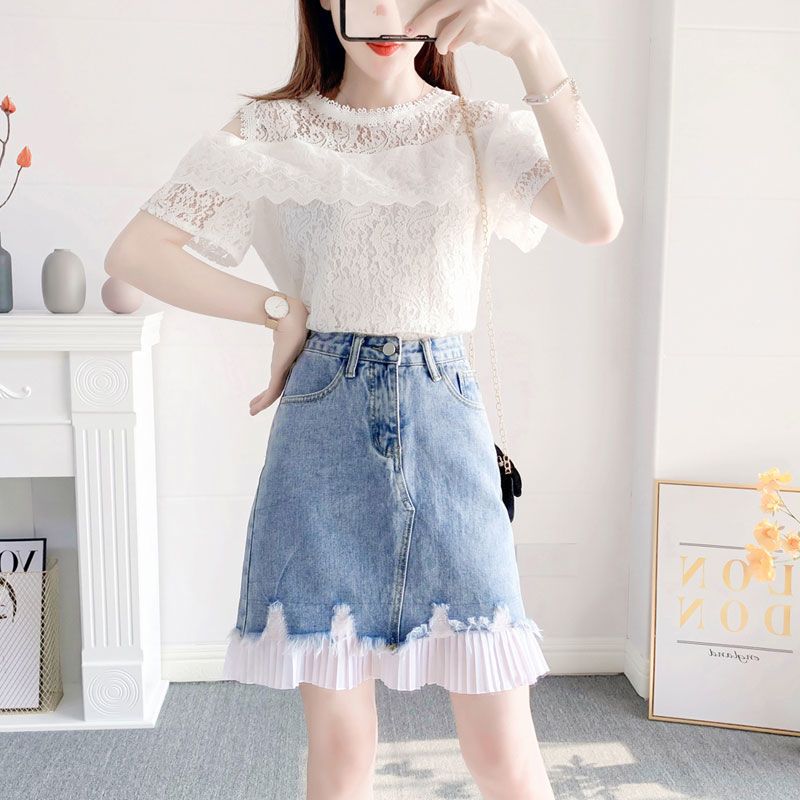 【單件/套裝】氣質溫柔風蕾絲拼接短袖+時尚牛仔半身裙兩件套裝