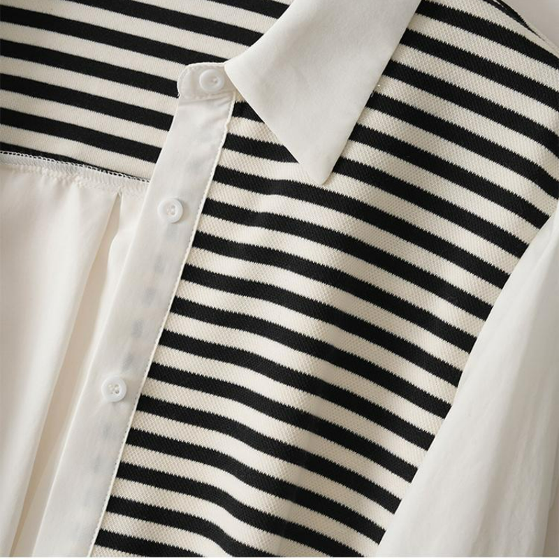 特大碼寬鬆POLO領針織拼接休閒中長版長袖襯衫