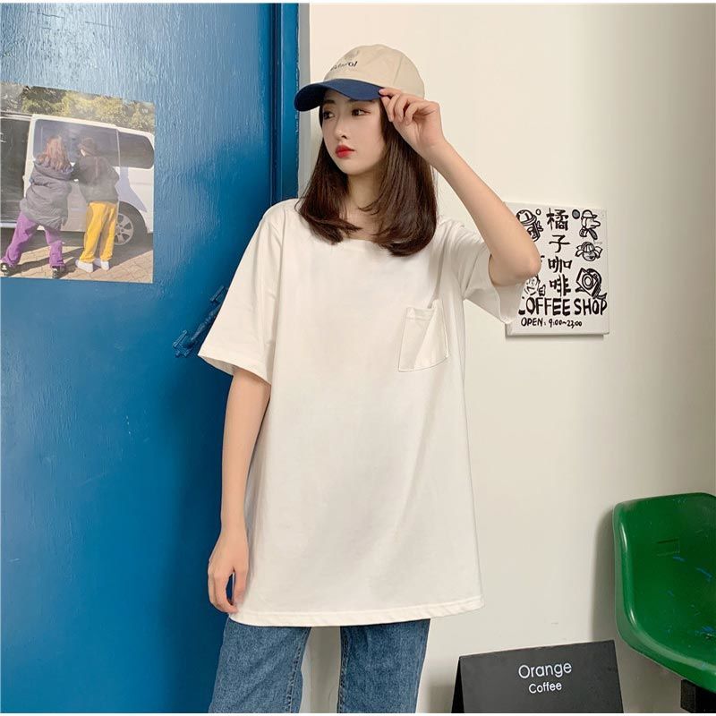 港風純棉寬鬆圓領開叉遮臀中長版短袖T恤
