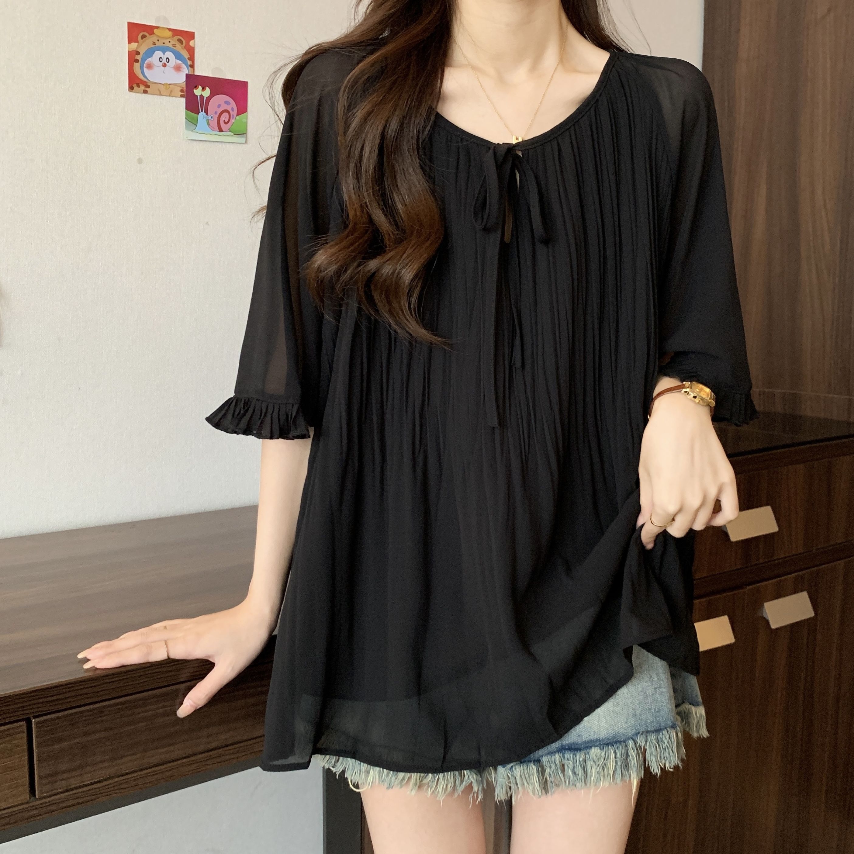 氣質獨特顯瘦綁帶寬鬆遮肚短袖雪紡衫-Cicimode