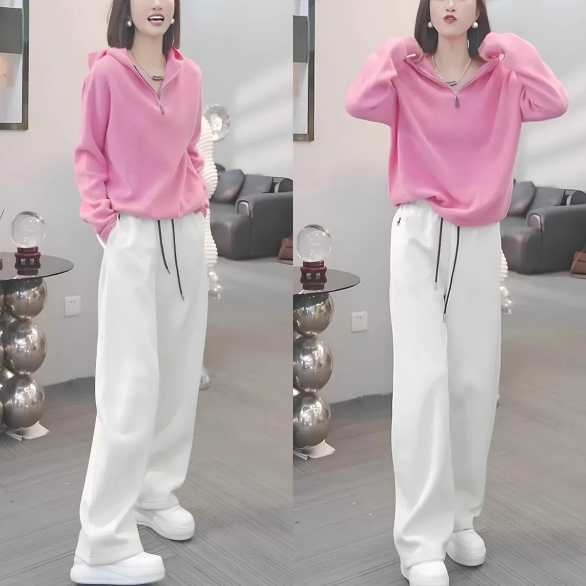 【整套】韓版寬鬆顯瘦粉色連帽長袖+休閒運動風簡約長褲兩件套-Cicimode