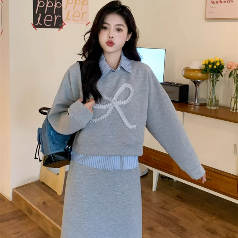 【整套】POLO領條紋拼接長袖衛衣+高腰包臀半裙兩件套裝-Cicimode