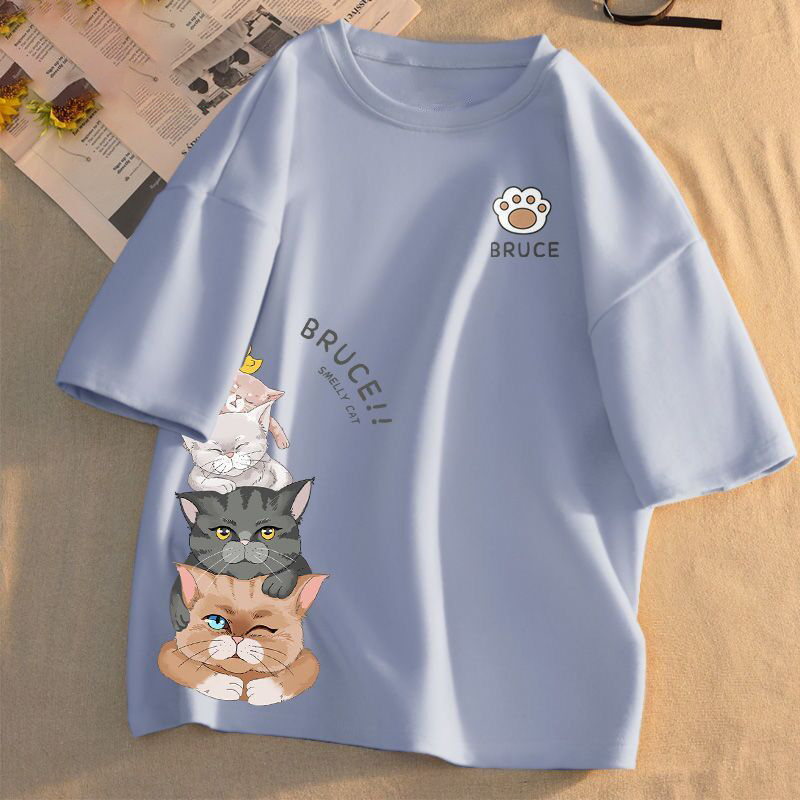 百搭情侶款可愛潮流貓咪印花短袖T恤-Cicimode