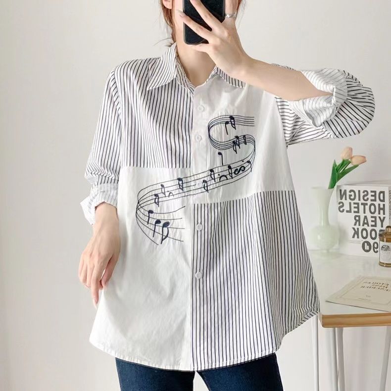 韓版寬鬆刺繡拼接設計感小眾休閒襯衫