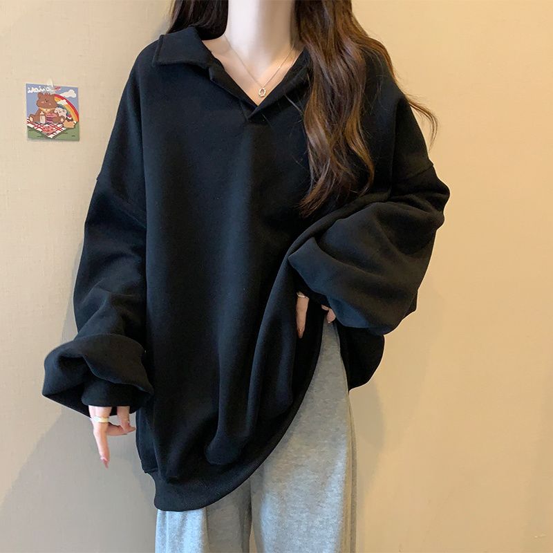 美式寬鬆翻領oversize顯瘦長袖T恤-Cicimode