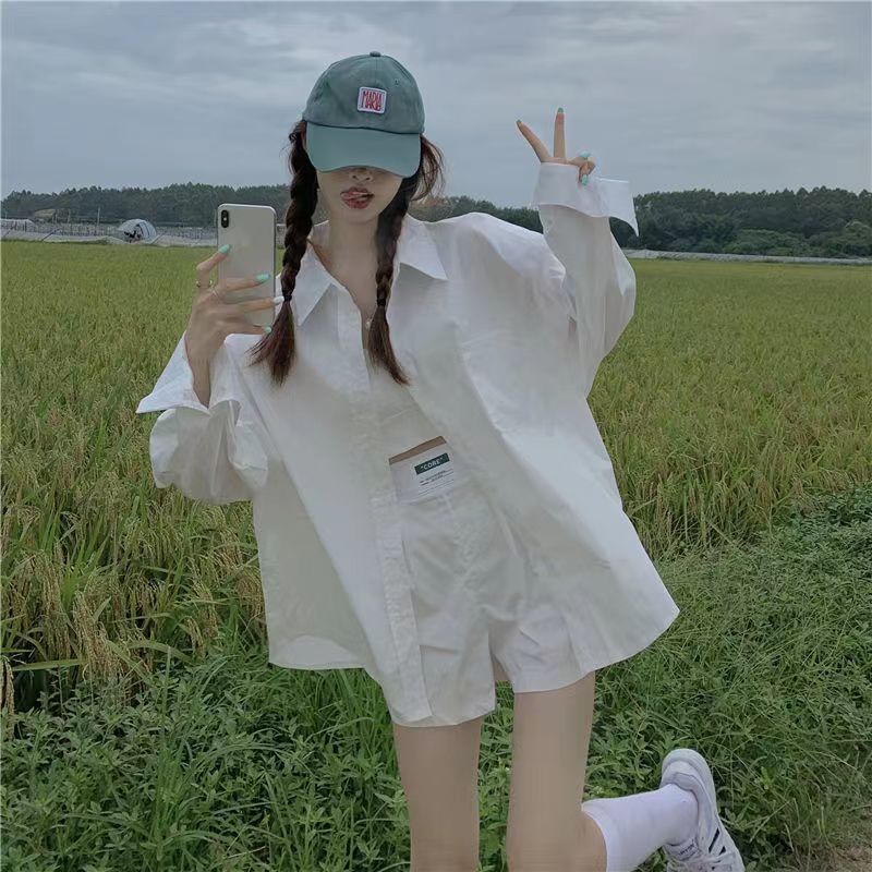 春季白色長袖襯衫女學生內搭外穿百搭鹽系復古上衣