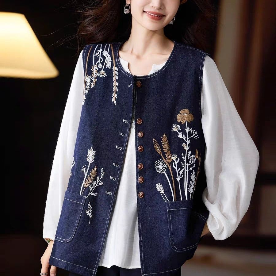 氣質刺繡大碼洋氣寬鬆牛仔馬甲外套