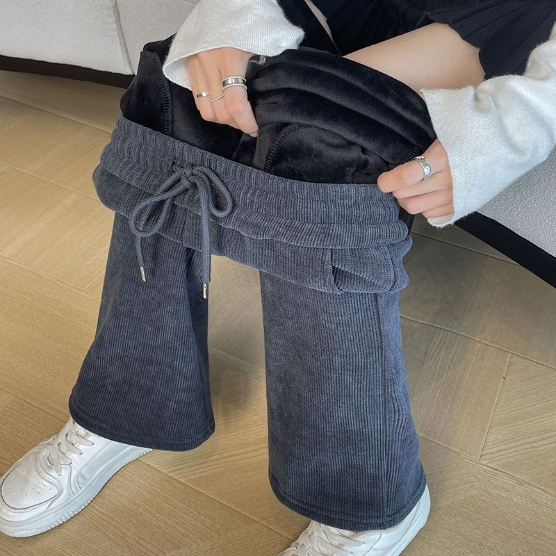 刷毛喇叭高腰垂感雪尼爾大碼寬鬆微喇褲-Cicimode