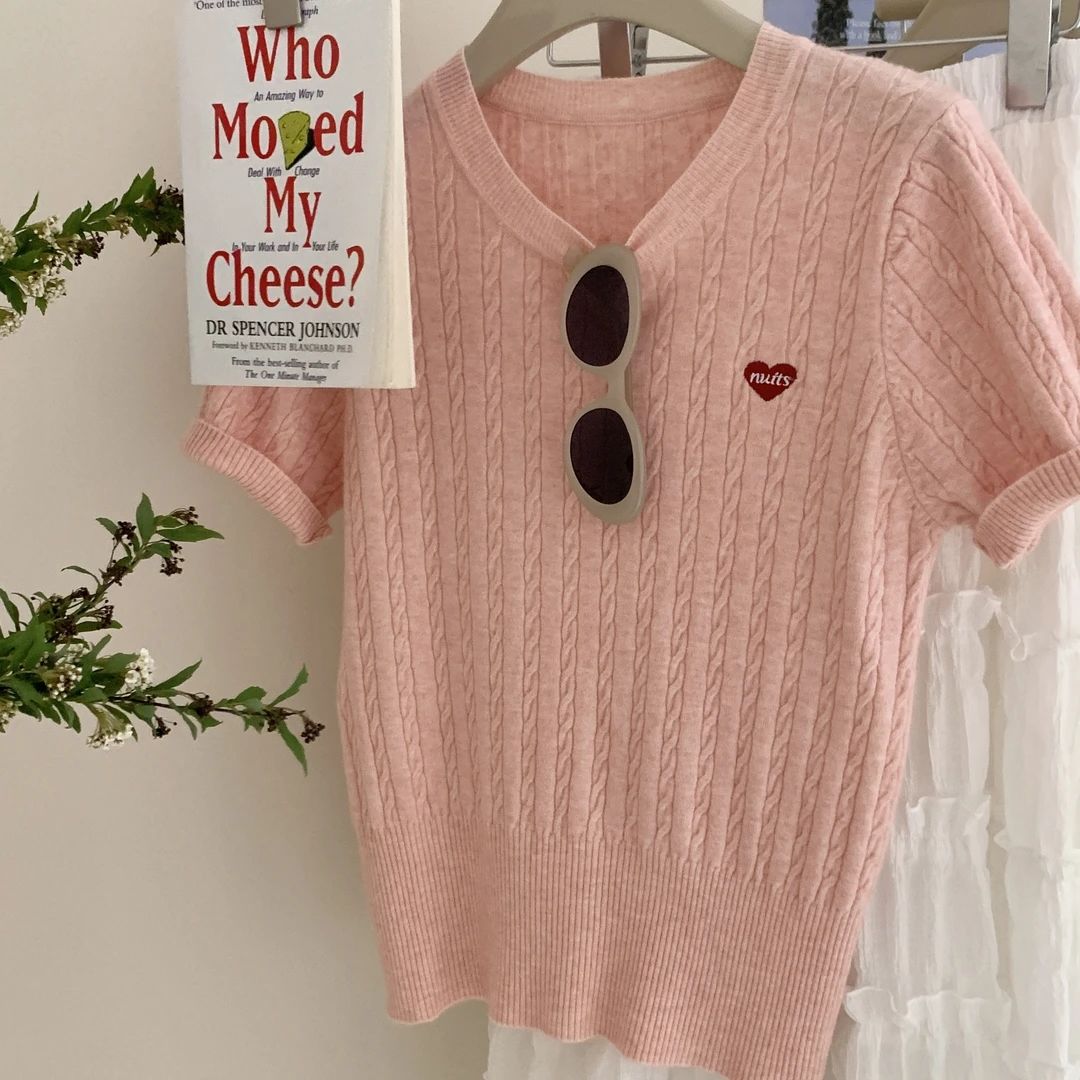 韓系麻花愛心刺繡軟糯針織薄款正肩短袖t恤