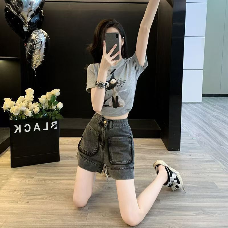 【單件/套裝】復古減齡休閒運動風T恤+牛仔短褲兩件套裝