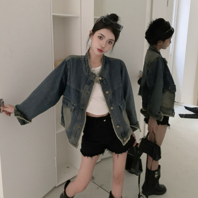 寬鬆顯瘦設計港風復古毛邊夾克水洗牛仔外套