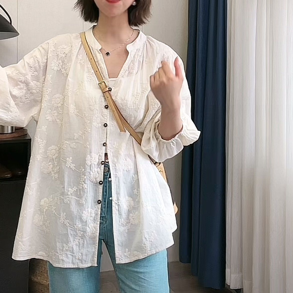 提花刺繡棉質百搭防曬寬鬆七分袖中長款開衫襯衫