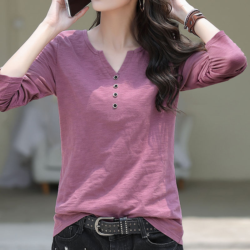 【全六色】寬鬆百搭V領上衣打底衫潮竹節棉長袖