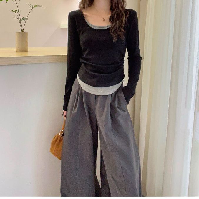 假兩件正肩修身顯瘦拼接撞色長袖T恤-Cicimode