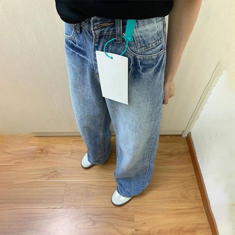 美式復古水洗直筒牛仔高腰顯瘦闊腿褲裝-Cicimode