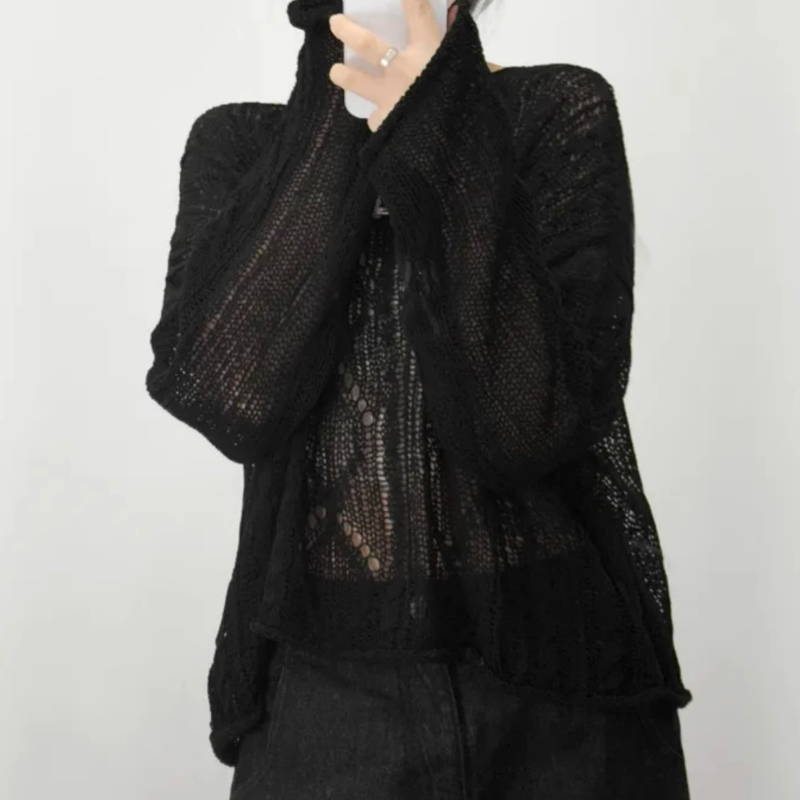 一字露肩麻花薄款鏤空長袖罩衫針織衫-Cicimode