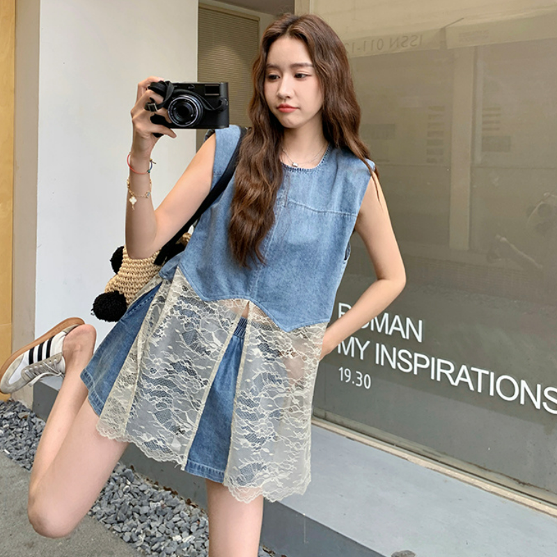 【整套】韓系chic穿搭巨好看蕾絲拼接牛仔馬甲+休閑短褲兩件套