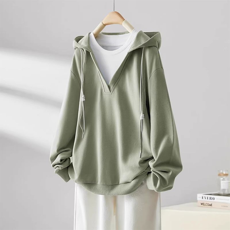 韓版設計感寬鬆拼接假兩件帽T-Cicimode