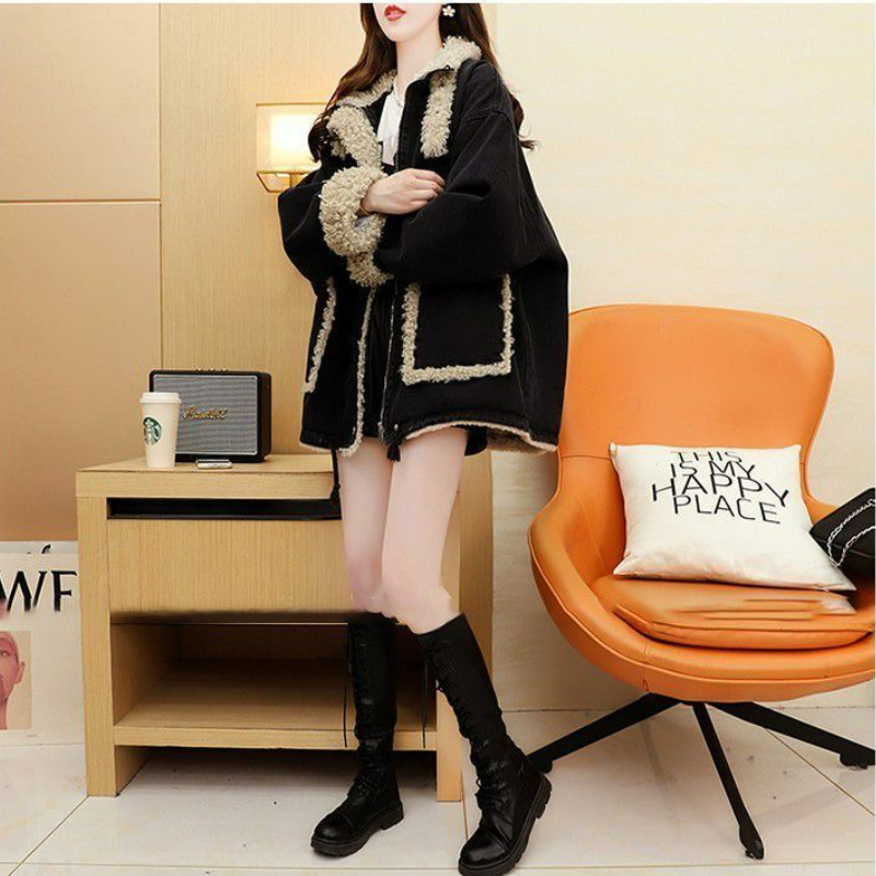 休閒寬鬆刷毛加厚棉衣洋氣百搭牛仔外套-Cicimode