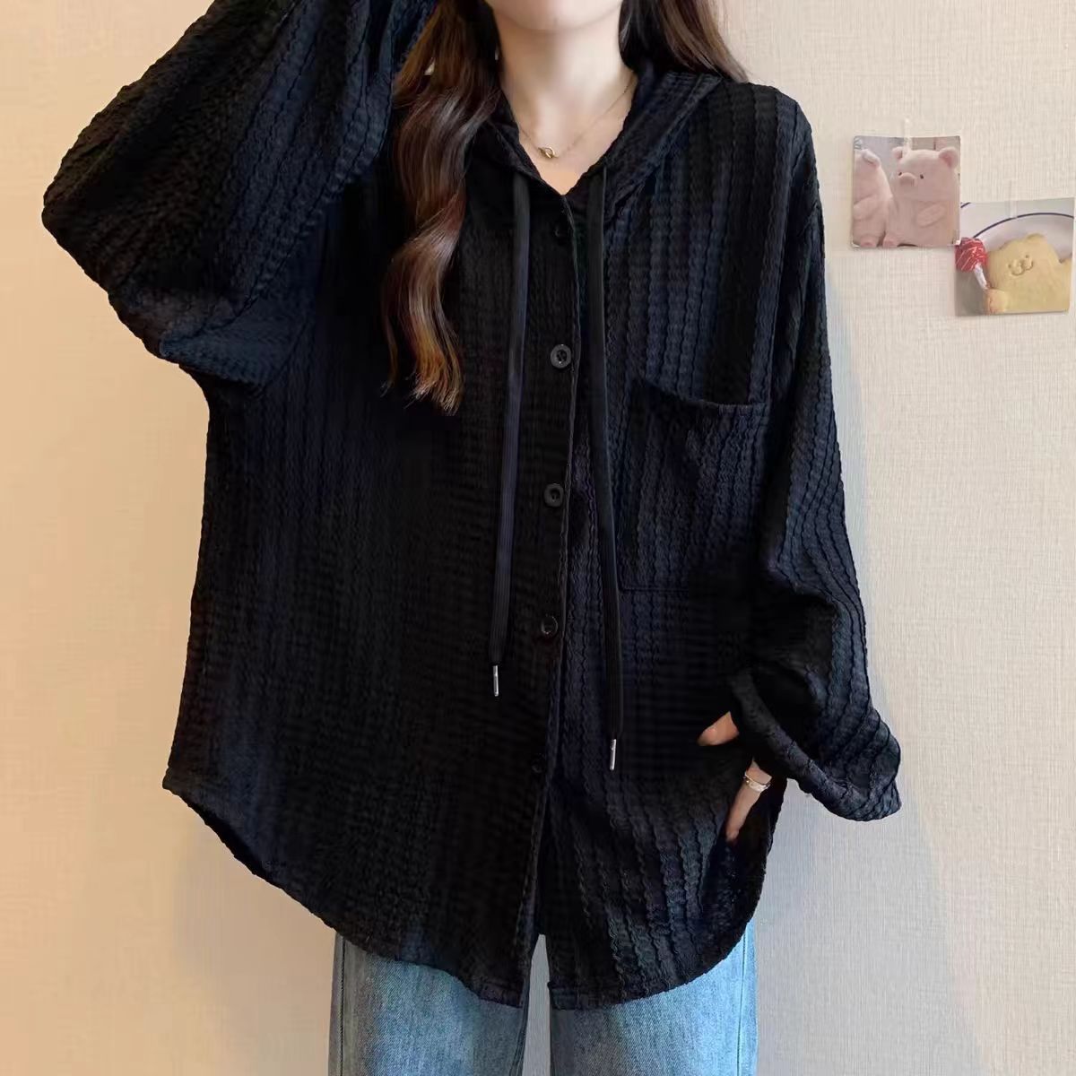 大碼顯瘦中長版休閒外套連帽長袖襯衫