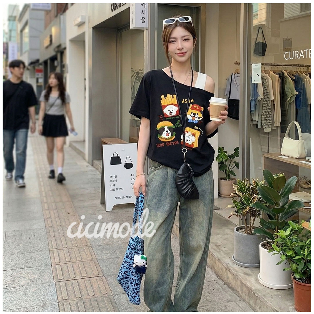 美式假兩件吊帶純棉印花寬鬆斜肩短袖t恤