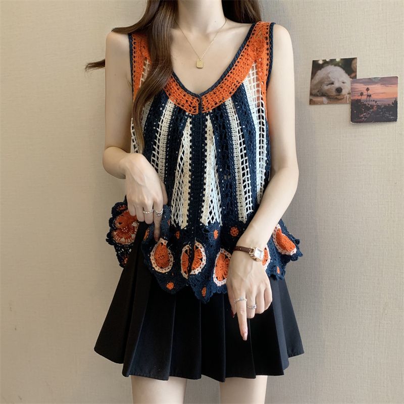 波西米亞設計感撞色可疊穿鏤空吊帶背心