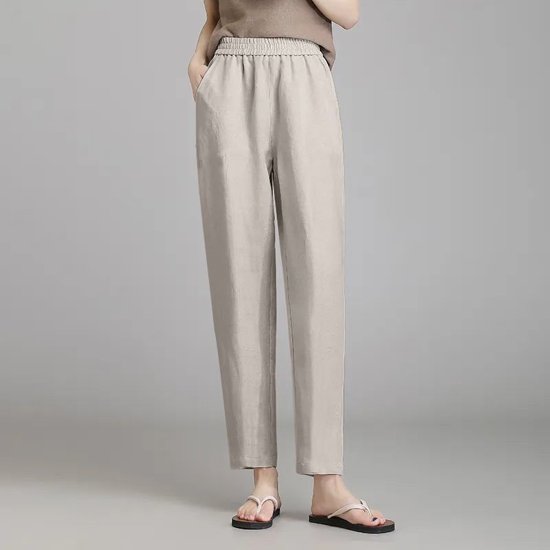 亞麻顯瘦休閒薄款冰絲高腰寬鬆九分哈倫褲-Cicimode