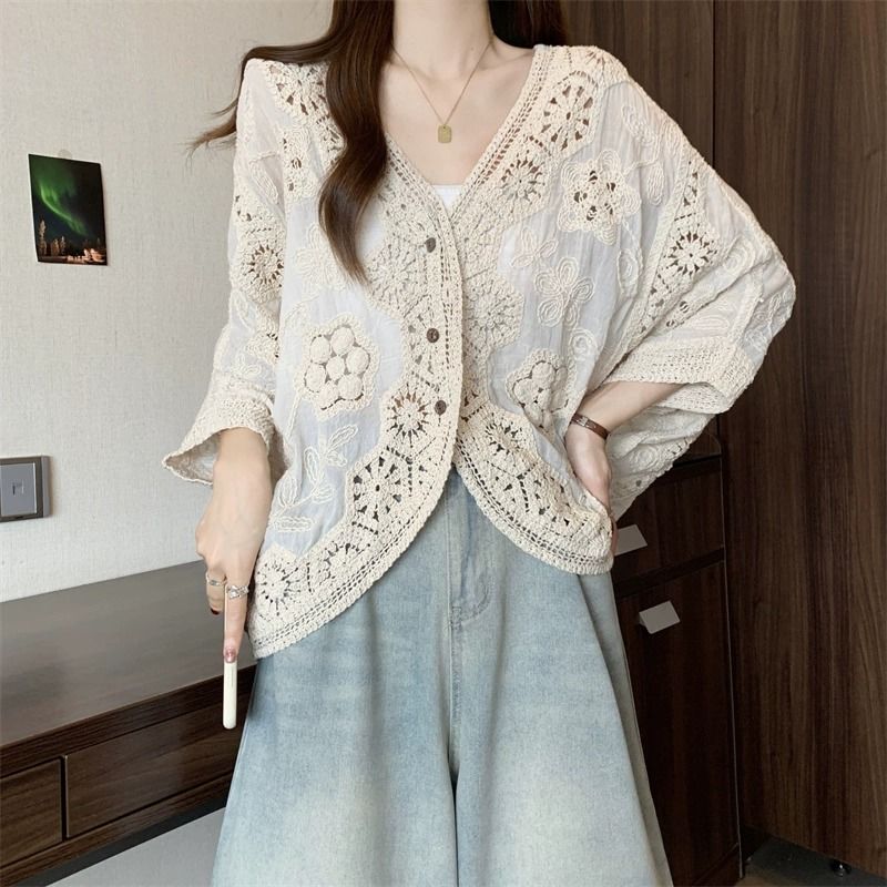 波西米亞風鉤花鏤空V領大碼防曬開衫襯衫-Cicimode