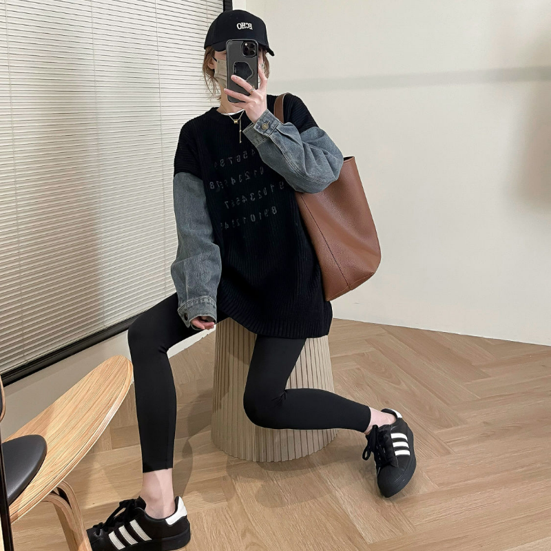 慵懶風百搭寬鬆牛仔袖拼接針織長袖-Cicimode