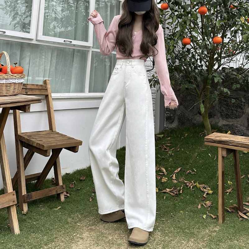 高腰顯瘦寬鬆百搭窄版白色九分闊腿牛仔褲