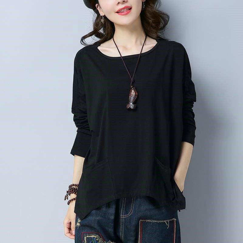 韓版休閒蝙蝠袖口袋長袖T恤-Cicimode