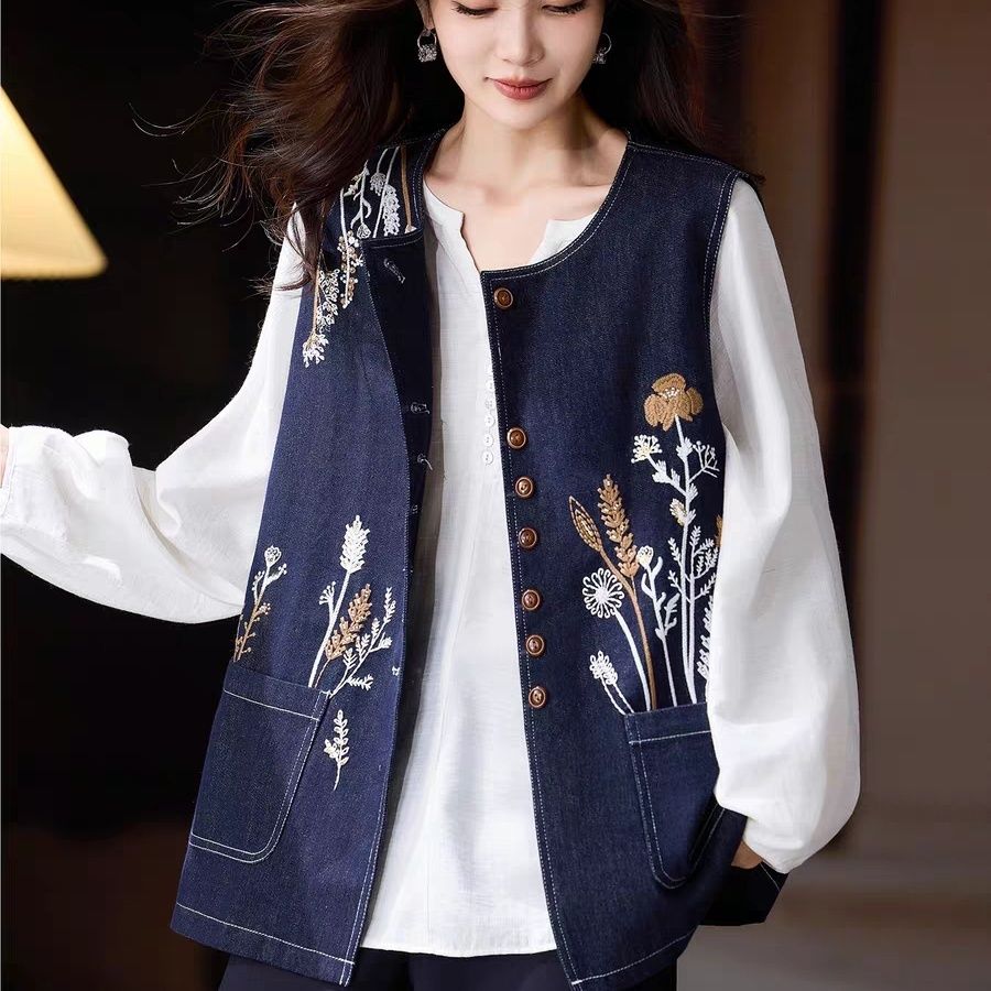 氣質刺繡大碼洋氣寬鬆牛仔馬甲外套