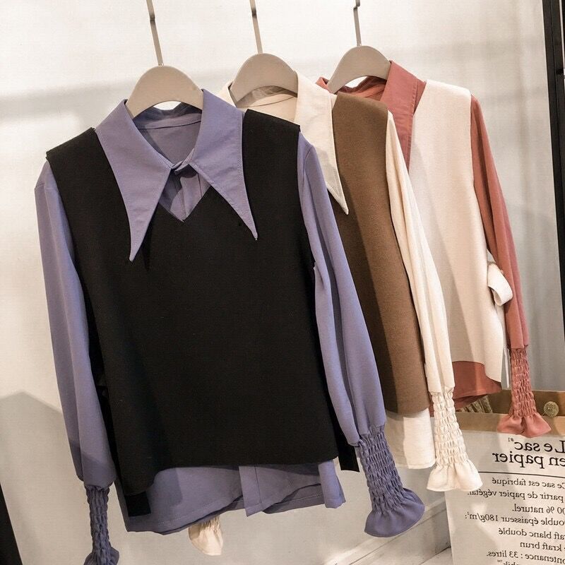 【整套】時尚休閒設計感馬甲+鬆緊袖口襯衫兩件套裝-Cicimode