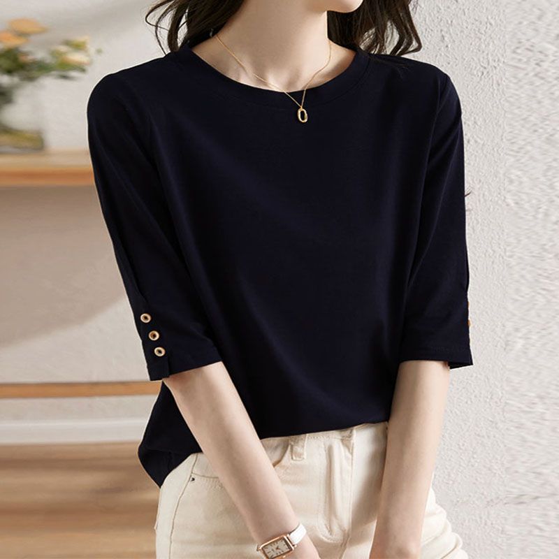 紐扣設計時尚休閒百搭顯瘦圓領七分中袖T恤