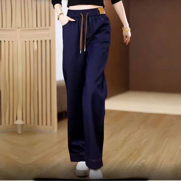 鬆緊高腰寬鬆顯瘦休閒直筒百搭刷毛牛仔褲-Cicimode