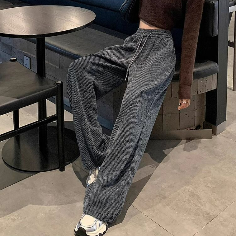 高腰垂感慵懶感亮絲刷毛休閒毛呢斜條紋闊腿褲-Cicimode