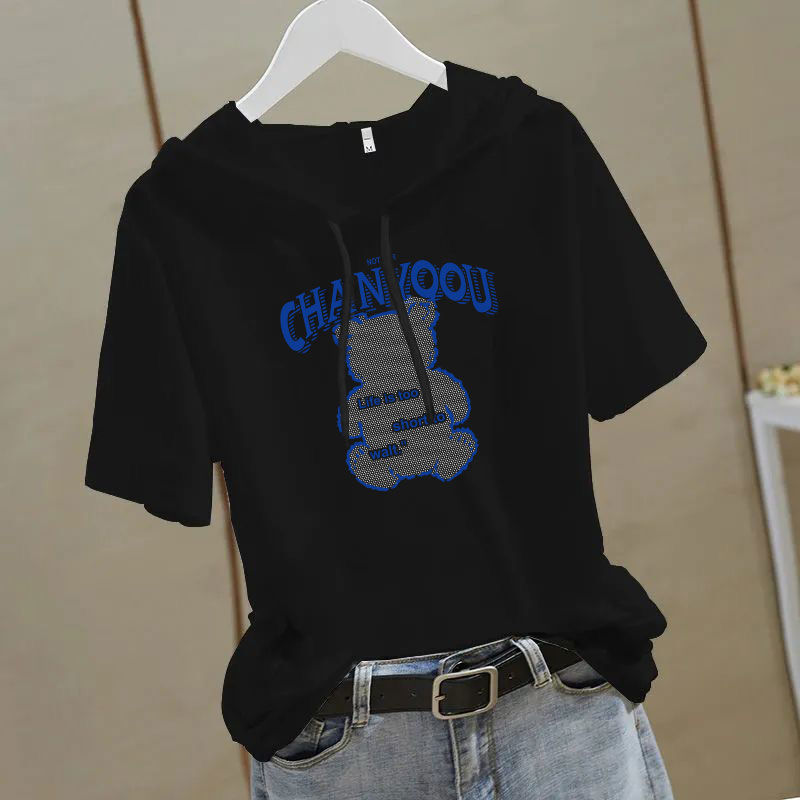 【多款印花可選】休閒顯瘦減齡時尚寬鬆連帽短袖T恤