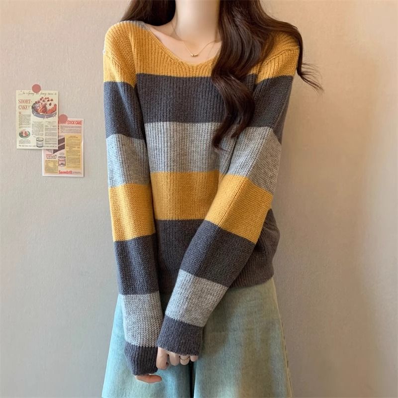 3色復古慵懶風寬鬆v領條紋針織衫-Cicimode