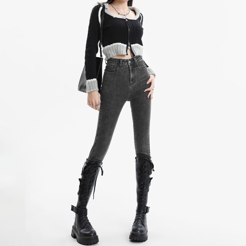 淺藍休閒彈力高腰修身顯瘦小腳牛仔褲