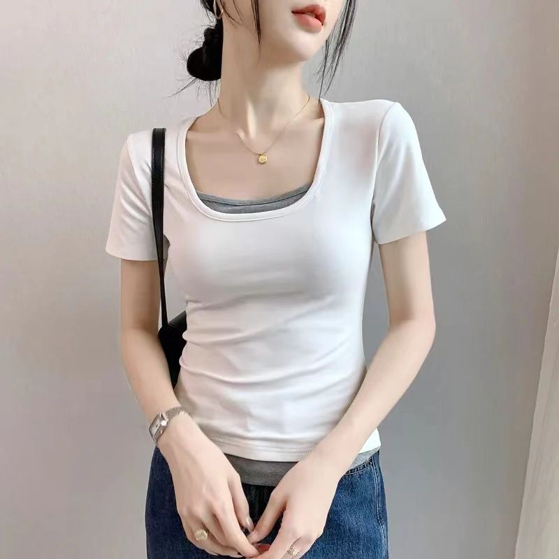 純棉U領假兩件顯瘦撞色拼接收腰短袖T恤