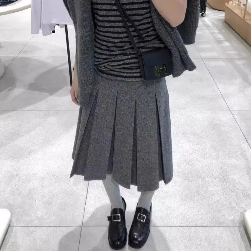 復古重工壓褶顯瘦高腰毛呢A字半身裙