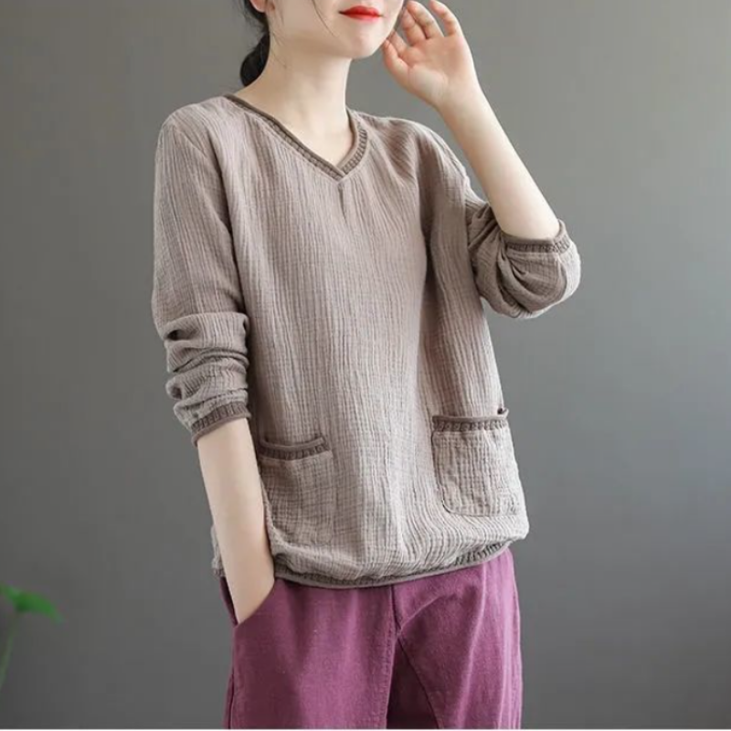 新款國風秋季女裝民族復古艺文V領打底長袖T恤上衣