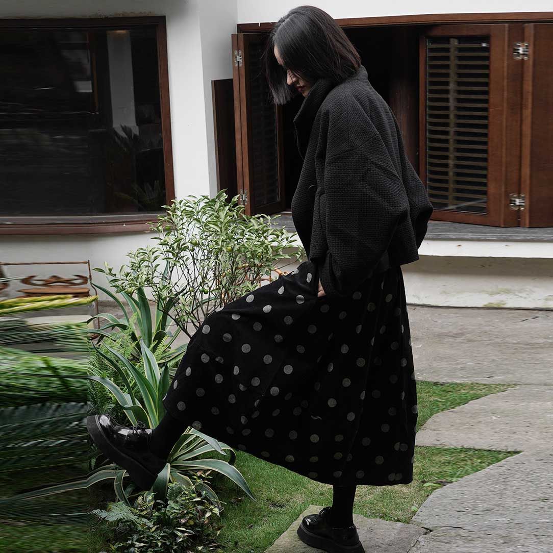 日系減齡甜美少女感波點中長款花苞半身裙