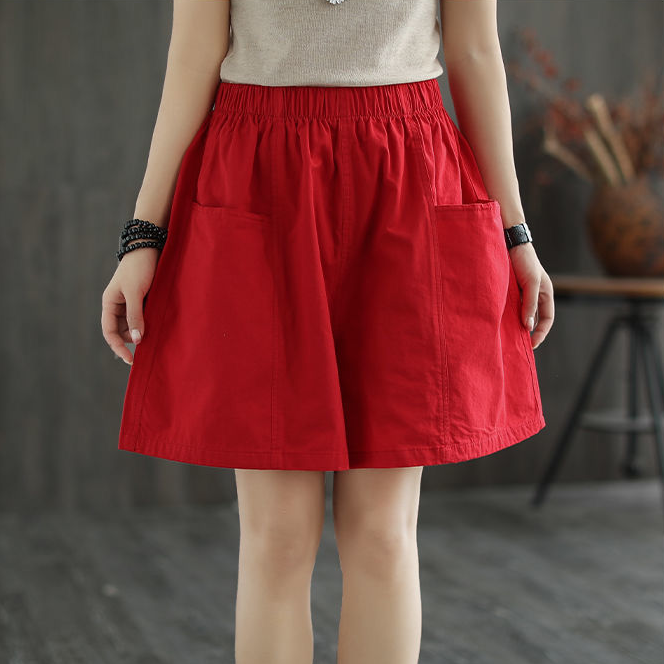 純棉百搭寬鬆顯瘦直筒闊腿鬆緊腰五分短褲-Cicimode