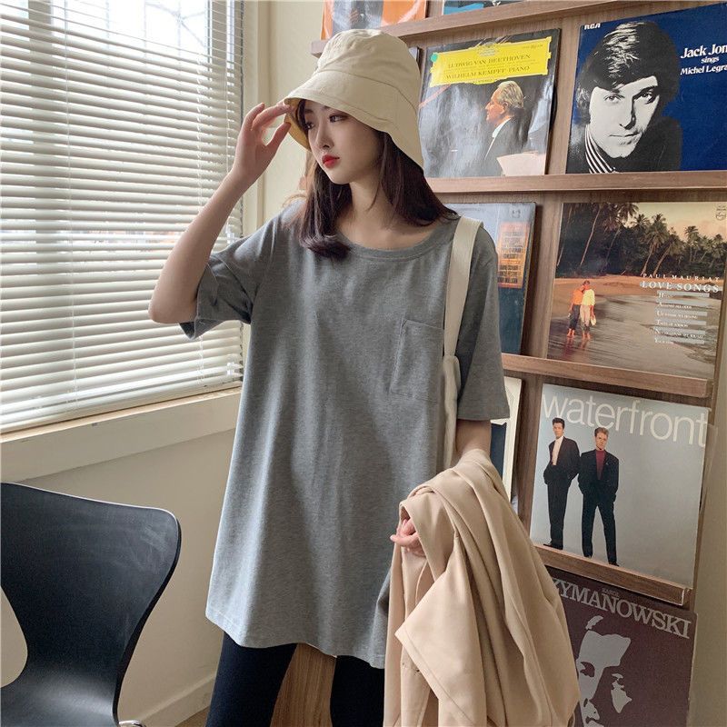 港風純棉寬鬆圓領開叉遮臀中長版短袖T恤