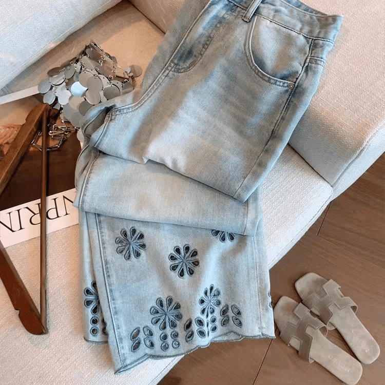 花邊鏤空刺繡設計感薄款高腰直筒九分牛仔褲