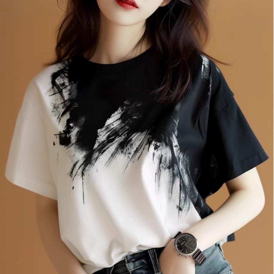 水墨黑白撞色暈染色計感圓領短袖T恤-Cicimode