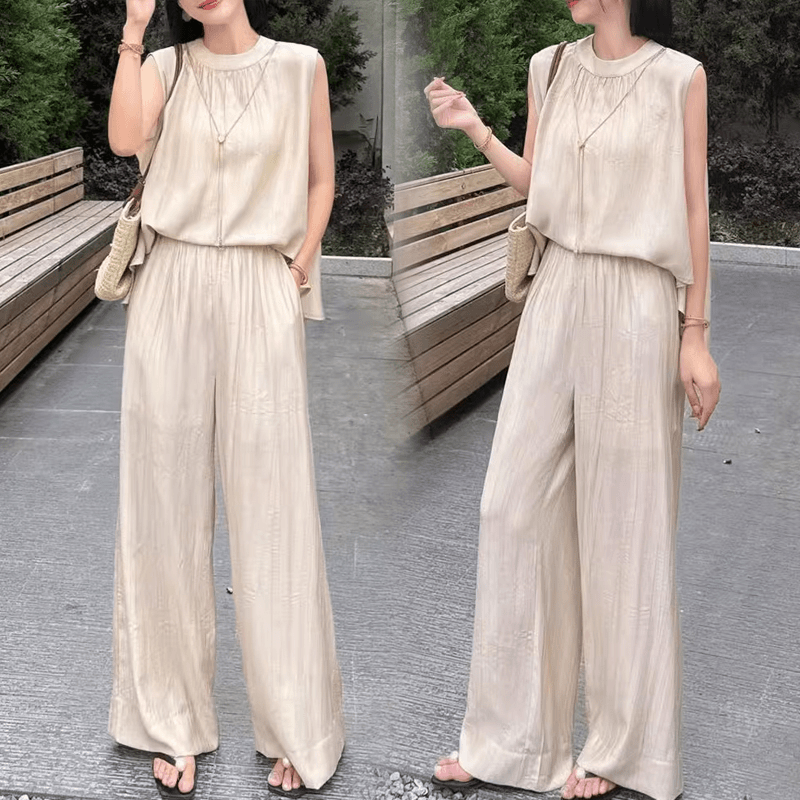 【整套】高級感時尚掛脖背心+休閑百搭闊腿褲兩件套